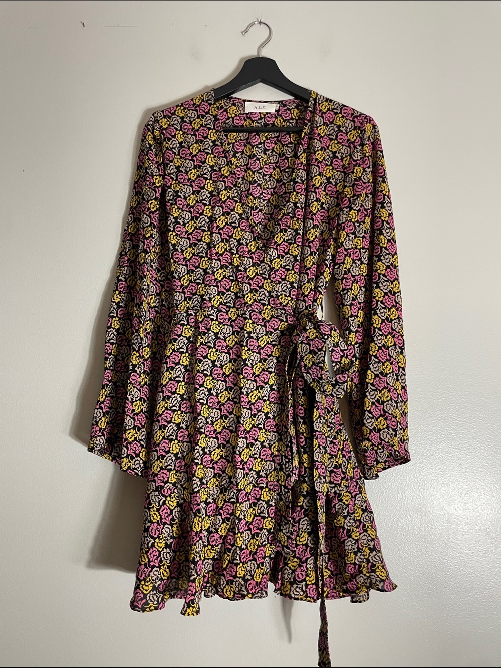 A.L.C. Black Wrap Dress with Pink & Yellow Floral Print